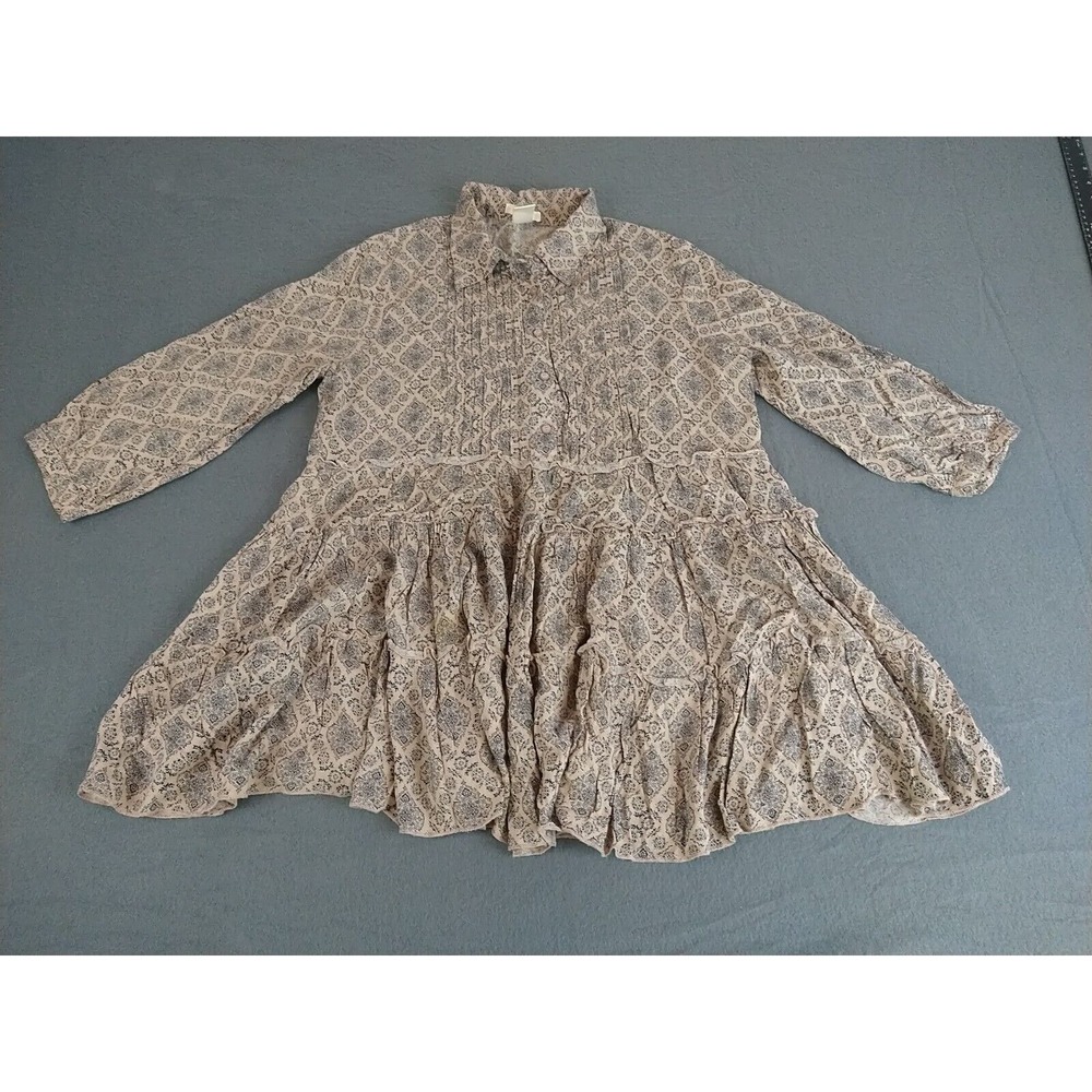 Esley Blouse‎ Ladies M Taupe/Navy Boho Peasant 3/4 Sleeve Spring Fall Casual